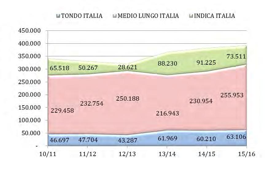 Mercato italiano Per il terzo anno consecutivo la campagna di commercializzazione si è chiusa con un aumento del collocamento sul mercato italiano che nella campagna 2015/2016 ha determinato un