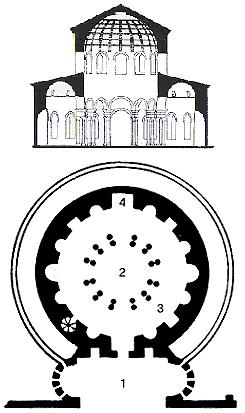 Il mausoleo ha una pianta centrale con un vano circolare coperto da una cupola ed illuminato da dodici finestre superiormente concluse ad arco che definiscono una fascia luminosa intorno al tamburo.