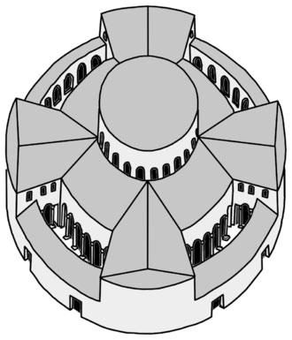 L edificio aveva pianta circolare, costituita in origine da tre cerchi concentrici: uno spazio centrale (diametro 22 m) era delimitato da un cerchio di 22 colonne
