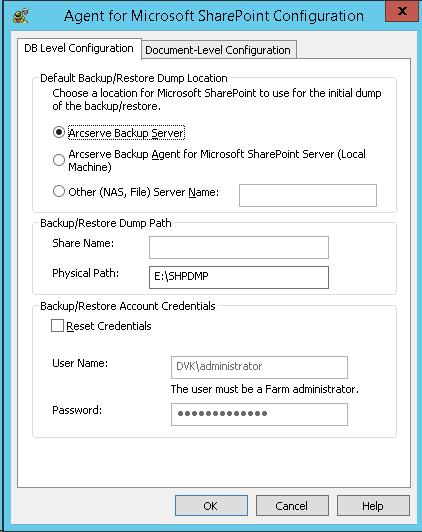 Installazione dell'agente Scheda Configurazione livello database dell'agente per Microsoft SharePoint.