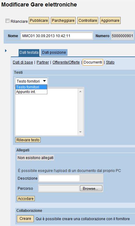 Dati testata Documenti (3/3) La sezione Collaborazione consente di accedere all area