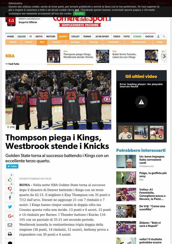 16 febbraio 2017 corrieredellosport.it Sport Thompson piega i Kings, Westbrook stende i Knicks Golden State torna al successo battendo i Kings con un eccellente terzo quarto.