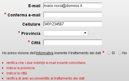 codice di gioco non valido o già giocato, oppure numero di cellulare già utilizzato in un altra giocata e così via messaggio di mancato consenso al