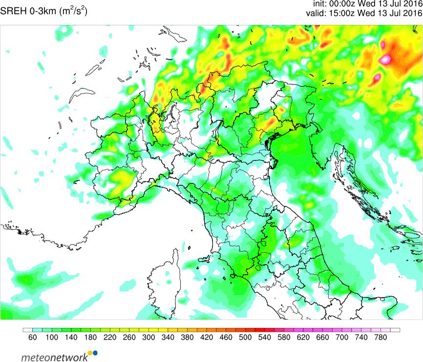 Fig 15 b: windshear in direzione tra suolo e 3 km di quota previsto alle ore 15:00 UTC dal modello wrf MNW. I valori elevati non sono stati confermati dall odografo.