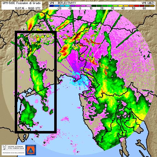 Fig 22: scansione radar di Fossalon delle ore 18 UTC Un'altra prova del passaggio di questo fronte caldo la troviamo nei dati della stazione OSMER di Pala d Altei.