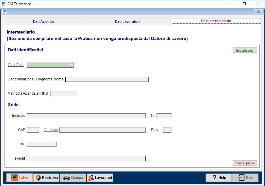 3- Dati Intermediario Questa sezione va compilata nel caso la pratica sia predisposta da un Centro di elaborazioni dati,