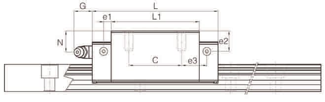 Guide CSK Dimensionale carrelli serie LMG-H/LMG-LH Dim. esterne [mm] Dimensioni del cursore [mm] e peso [kg] M W L B C Sxl L1 T K N e 1 e 2 e 3 G ing. W 2 peso LMG 15 H 28 34 58.2 26 26 M4x7 39.