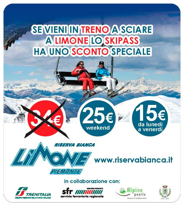 Presentando alle casse un biglietto ferroviario validato nello stesso giorno, otterrai lo skipass giornaliero Riservabianca a un prezzo scontato: invece di 34 euro, pagherai solo 15 euro da