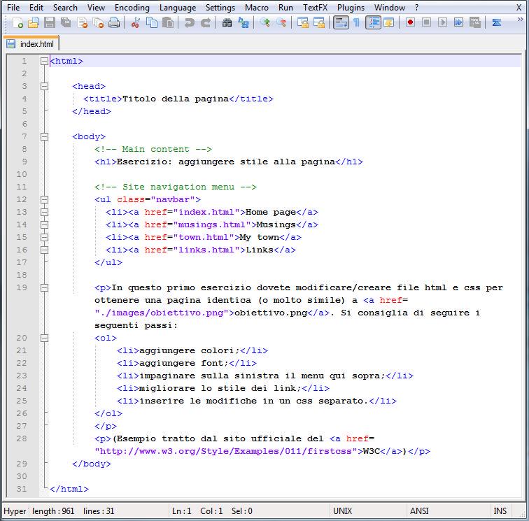 Ispezione di codice HTML esistente Dopo aver estratto i file presenti nell'archivio 01_TecWeb.