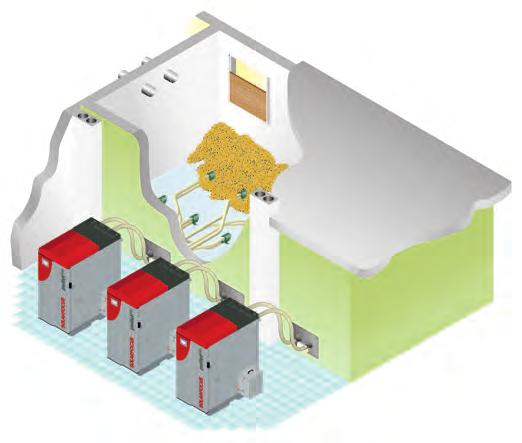 In estate o nee mezze stagioni quando è necessaria soo una parte dea potenza disponibie, una soa peet top 70 kw copre i fabbisogno di energia totae. Le atre cadaie dea cascata restano ferme.