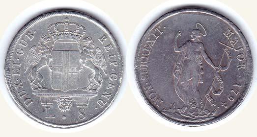 bb 150 167 GENOVA - Dogi biennali - 8 Lire 1794; D/ Stemma coronato tra Grifi; R/ S. G. Battista predicante - Lun.
