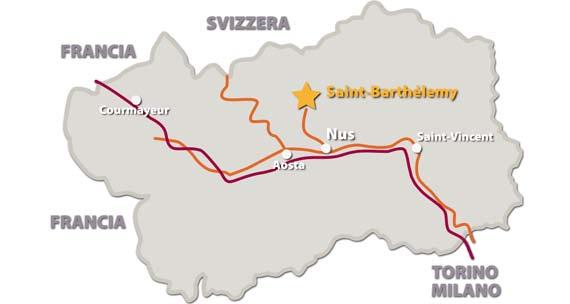 come raggiungere Saint-Barthelemy Autostrada A5 Torino/ Aosta Uscire al casello di NUS ed imboccare la strada regionale n 36 per Saint Barthélemy: