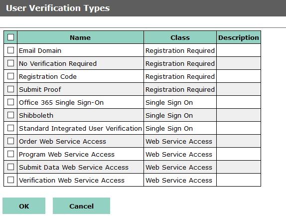 3. Fare clic su Aggiungi. Sarà visualizzato un elenco dei metodi di verifica che è possibile aggiungere al WebStore. Figura 5: Tipi di verifica utente 4.