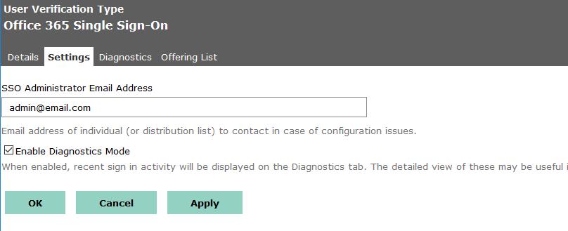 Figura 7: Indirizzo e-mail amministratore SSO 6. Testare il metodo di verifica come segue. i. Copiare l'url sotto l'intestazione "Opzioni di prova" e incollarlo in una nuova scheda/finestra del browser.