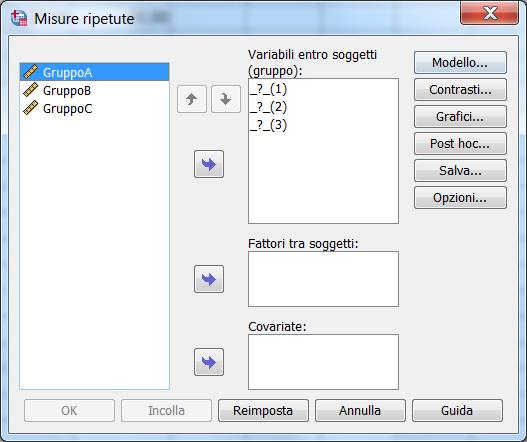 Esempio in SPSS Selezioniamo le 3 variabili che corrispondono alle misure ripetute e le spostiamo nell ordine desiderato i pulsanti Contrasti e Post-hoc