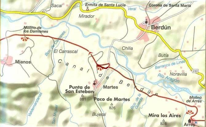 Km 7,2 Martes (652m alt): sentieri e ctra, Calcones, Pardina san Martin, tubo nero con acqua!! km 6,4 Mianos (692m alt): non si sale su.