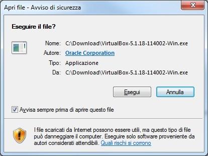 file di installazione di Virtual Box Per installare il virtualizzatore Virtual Box Se non già aperto, aprire esplora risorse ed andare nel percorso dove è stato scaricato il file di