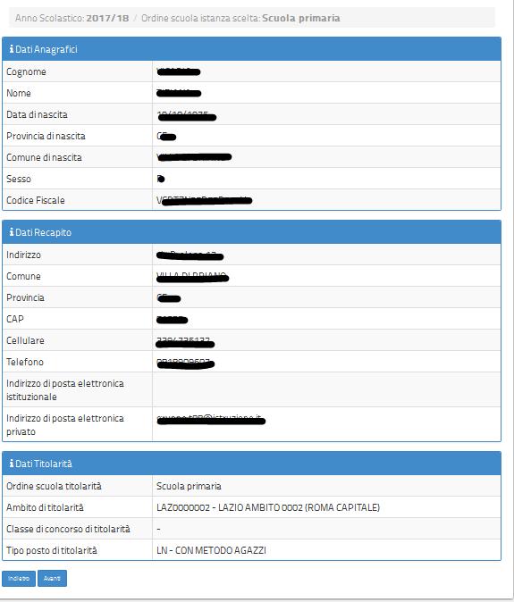 ACQUISIZIONE, SALVATAGGIO E INVIO DELLA DOMANDA Nella schermata successiva, in base alla situazione di ruolo del docente, il sistema propone solo le domande che possono essere compilate.