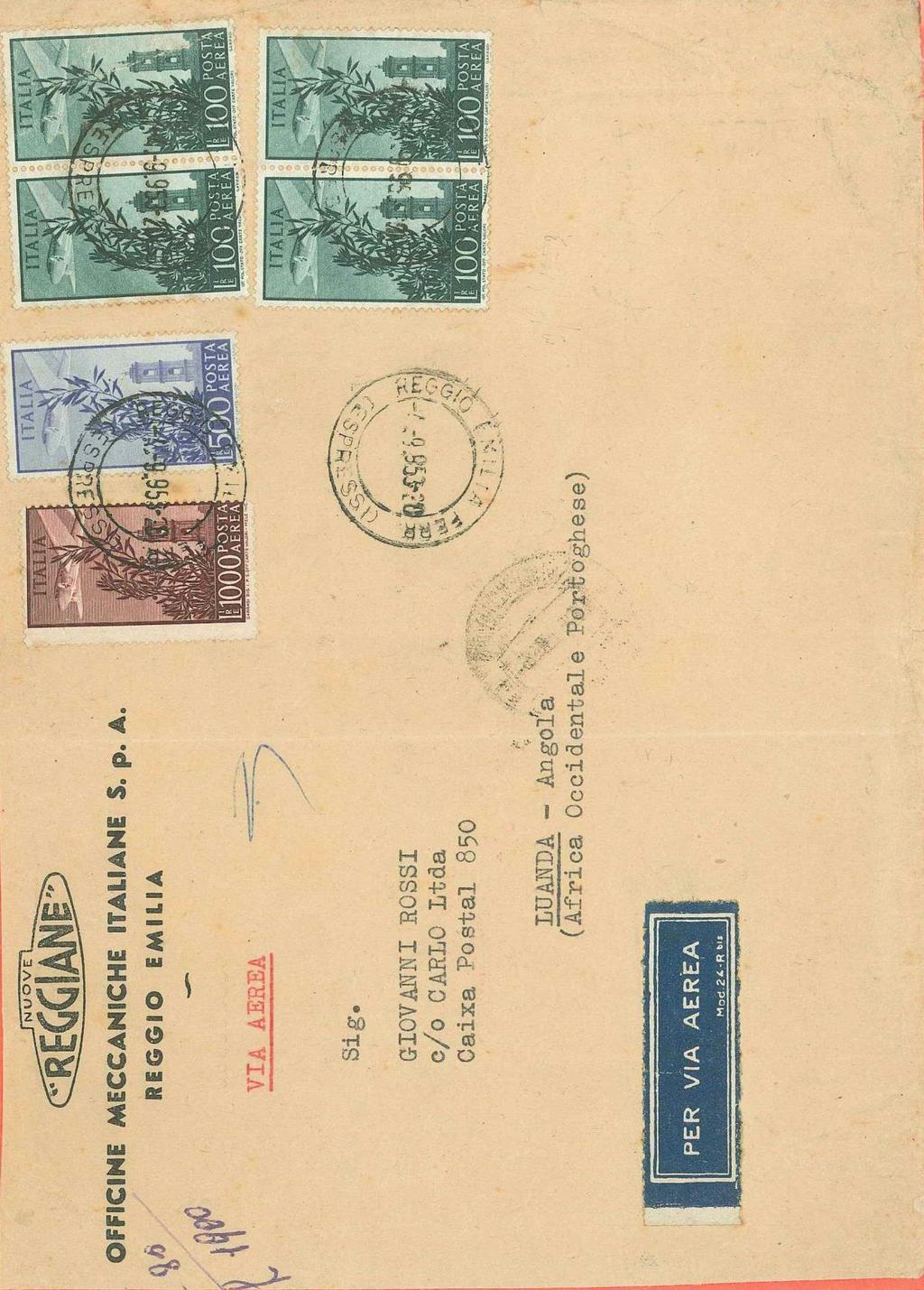 Cap. 2 1948 - Emissione del 1.000 l. con filigrana ruota alata del II tipo 4 esemplari da 100 l., 500 l. e 1.000 l. 14,15 x 14,15 su lettera via aerea per l Angola in data 4.