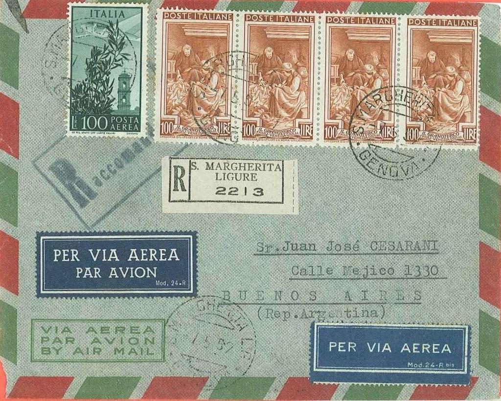 Cap. 3 1952 - Emissione del 100 e 300 l. con filigrana ruota alata del III tipo VALORI GEMELLI 100 l. e 100 l.