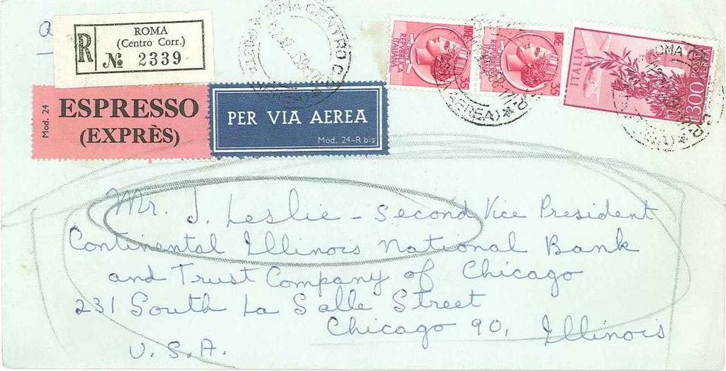 Cap. 5 1956/8 - Emissione del 100 e 300l. con filigrana stelle del II tipo 300 l. e complementari su lettera racc.