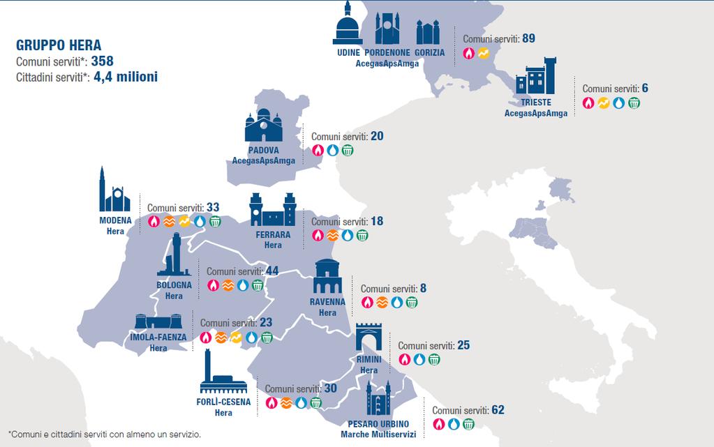 Il Gruppo Hera Fin dalla nascita, nel 2002, Hera ha rappresentato la prima esperienza di aggregazione di aziende municipalizzate, dando vita ad un un unica multiutility, capace di creare una vera e