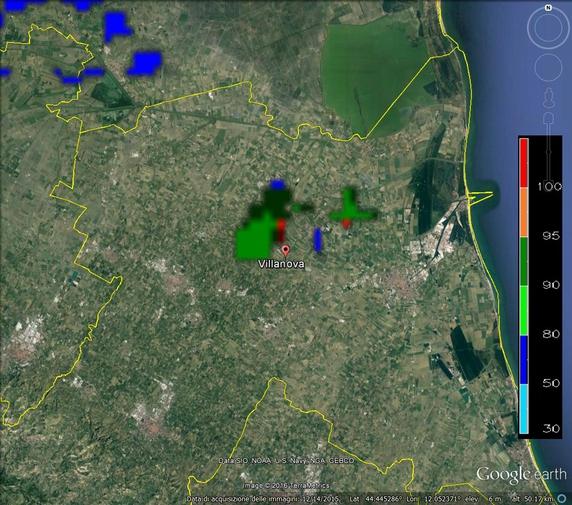 Figura 12:Valori di Probability of Hail calcolati tramite modello empirico da dati radar di echo top a 45 dbz e livello dello zero termico.