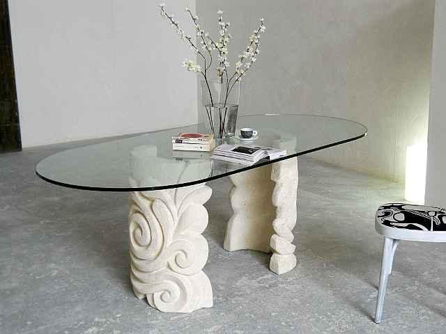 Apamea tavolo basamenti in pietra bianca scolpita cristallo ovale cm 200x90 spessore 15 mm dimensioni totali cm