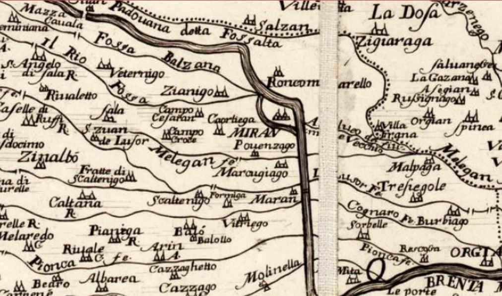 Particolare della mappa di Bartolomeo Clarici del 1720 5 Nella mappa del Clarici, attorno a Mirano e nel senso da nord a sud, figurano le seguenti località minori dotate di chiesa: - Roncomarello (o