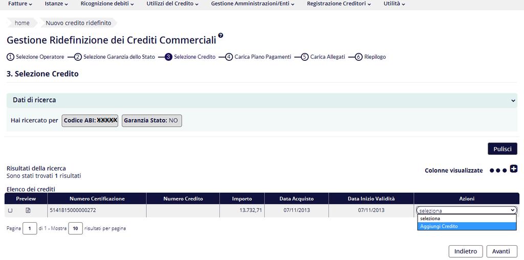La schermata successiva mostra tutti i debiti della P.A. ceduti dai creditori alla Banca selezionata.
