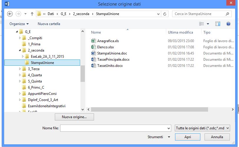 L origine dati La seconda operazione da compiere è la selezione di una origine dati; cioè da dove word prenderà i dati da inserire nel documento creato, ovvero un qualsiasi file di Excel, di Access o