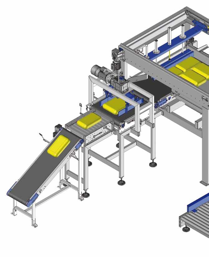 1 Nastro inclinato Belt Conveyor 2 Rulliera di assestamento Rolling compactor 3 Flap Piano di rotazione sacco motorizzato con apertura e chiusura a comando elettropneumatico per preparazione strati.