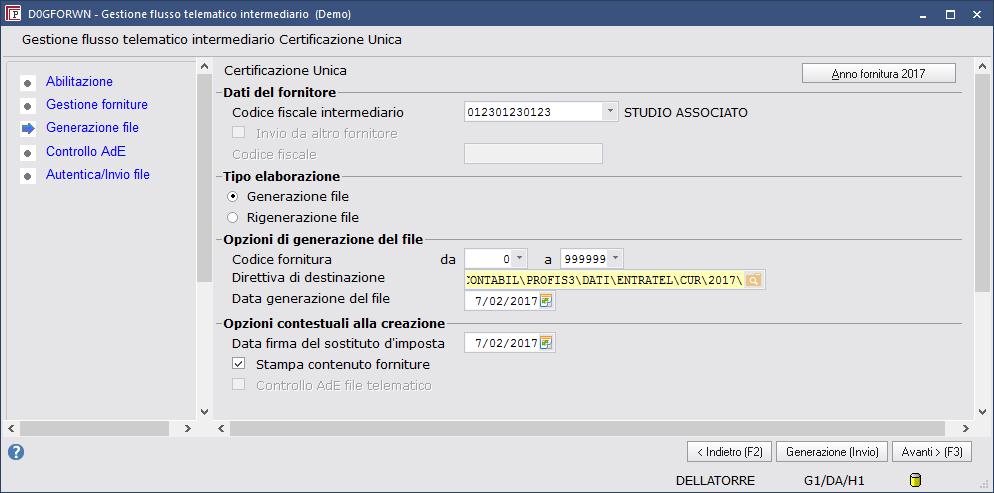 Premere Avanti (F3) Prendere nota della Direttiva di destinazione in cui sarà creato il file. Creare il file premendo Generazione (Invio).