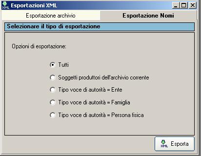 Solo i nomi di tipologia Persona fisica PROCEDURA DI EXPORT SCHEDA ISAD Sulla scheda Esportazione Archivio è necessario definire la