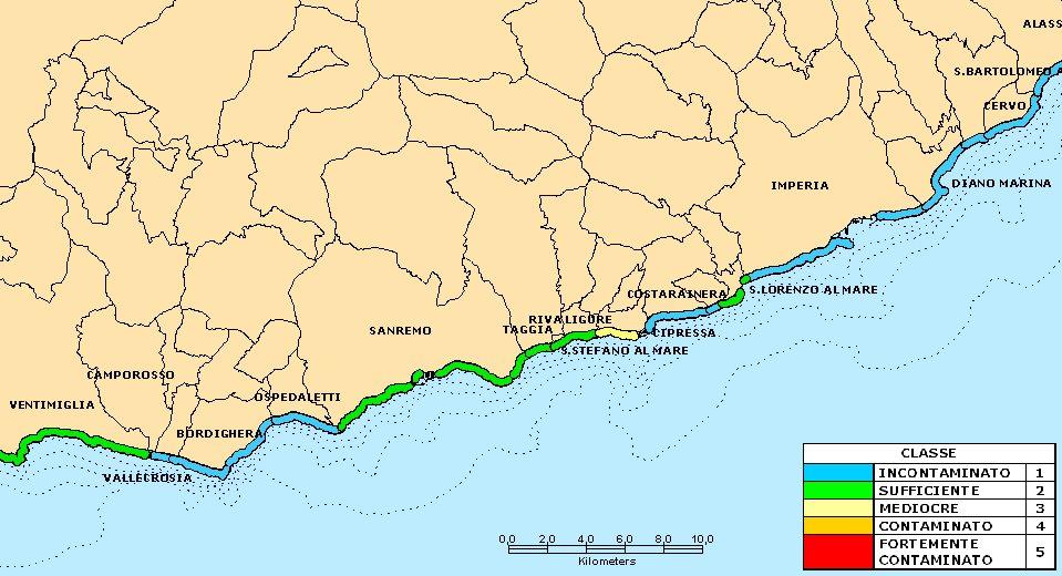 Figura 1: tratti comunali controllati ai sensi del d.p.r. 470/82 e relativa classe IQB di appartenenza - provincia di Imperia.