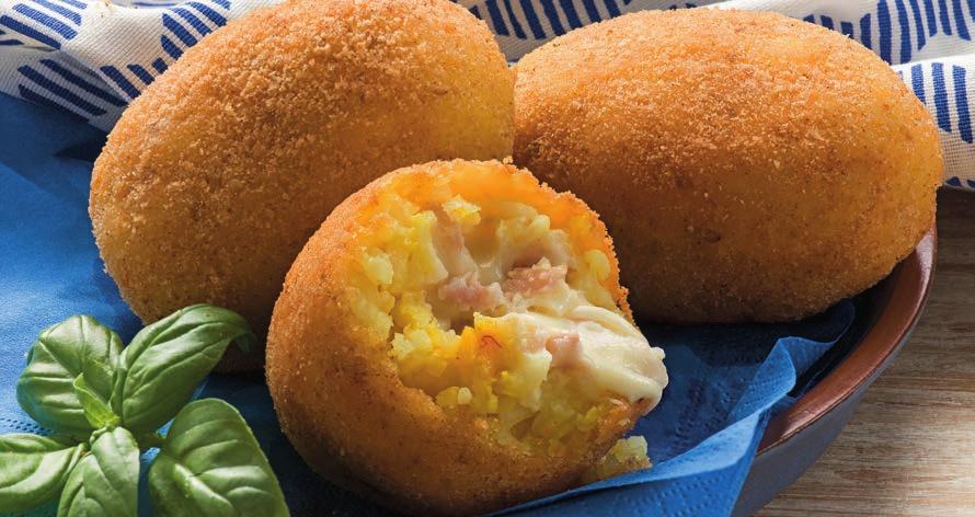 4 Arancine prosciutto e mozzarella surgelate K cal 229 Kj 957 13 g 4 g 21 g 1 g 1 g 7 g Sale 2,5 g medi per 100 g di prodotto Riso cotto: acqua, riso, margarina vegetale: oli e grassi vegetali non