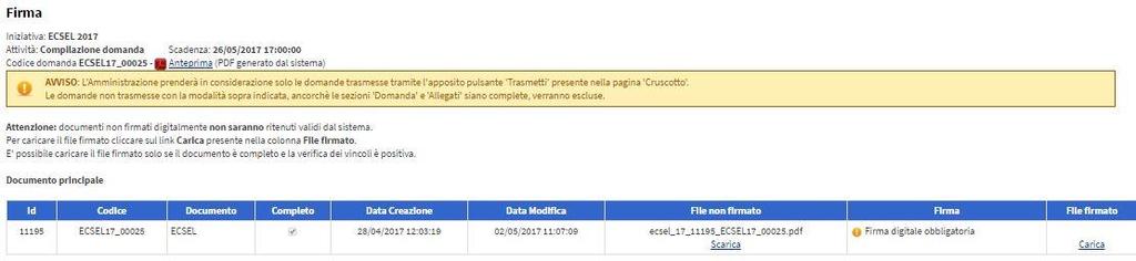 Firma Cliccare sulla voce Firma per scaricare il documento prodotto dal sistema, firmarlo digitalmente e ricaricarlo sul sistema.