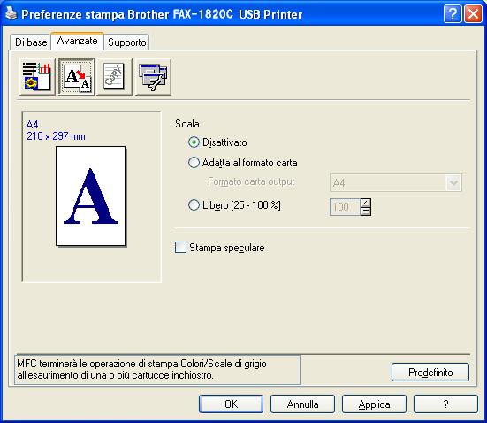 Scala Con la funzione Scala si può modificare la dimensione di stampa del documento. Selezionare la casella Disattivato per stampare il documento come appare sullo schermo.