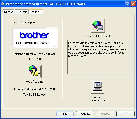 Scheda supporto La scheda Supporto contiene informazioni sulla versione del driver e sulle impostazioni.