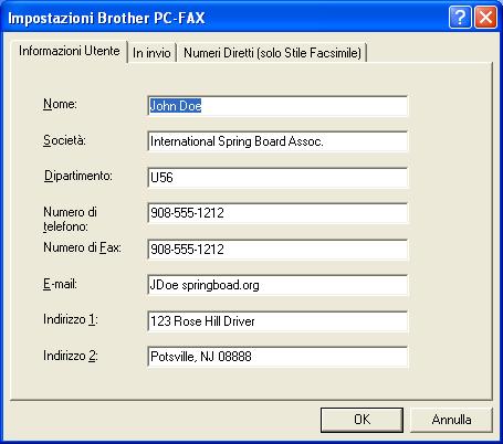 Impostazione delle Informazioni Utente Richiamare la funzione Informazioni Utente dalla finestra di dialogo Invio FAX facendo clic su.