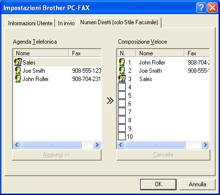 Impostazione Numeri diretti Nella finestra di dialogo Impostazione Brother PC-FAX, fare clic sulla scheda Numeri Diretti.
