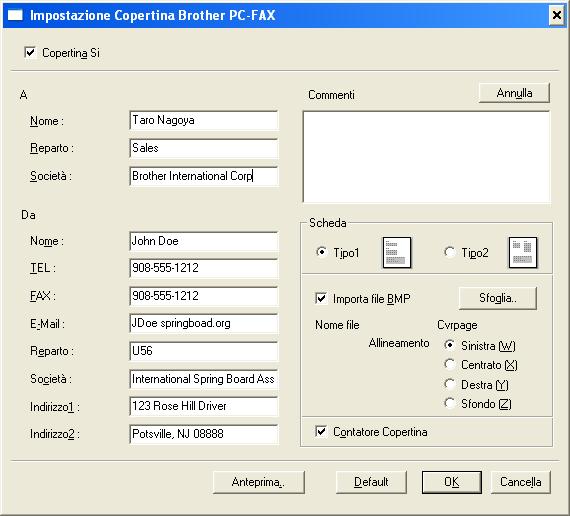 Impostazione della Copertina Dalla finestra di dialogo PC-FAX, fare clic su, per accedere alla schermata di impostazione della