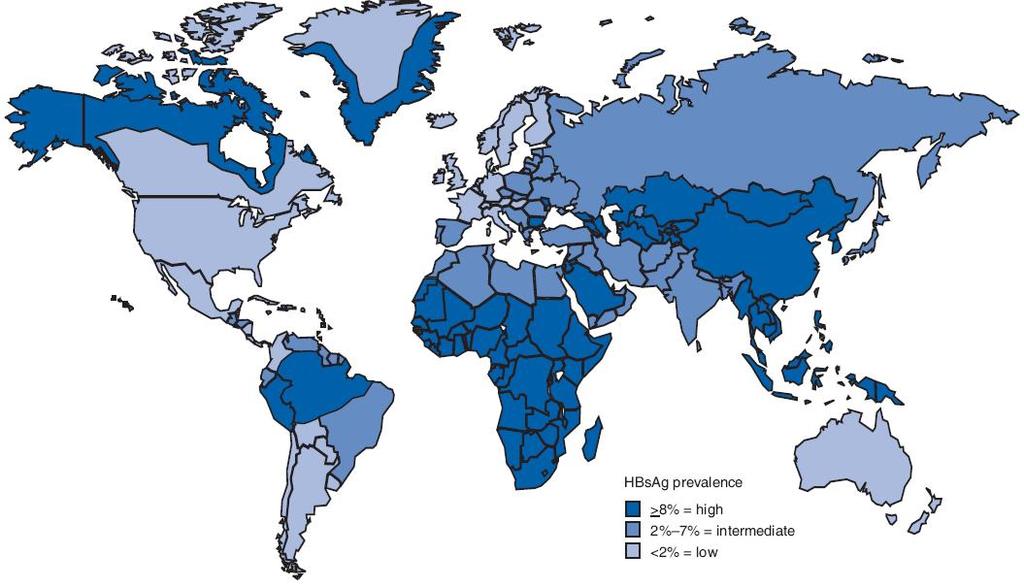 Distribuzione geografica dell infezione da HBV Nelle aree ad elevata prevalenza di infezione da HBV, il