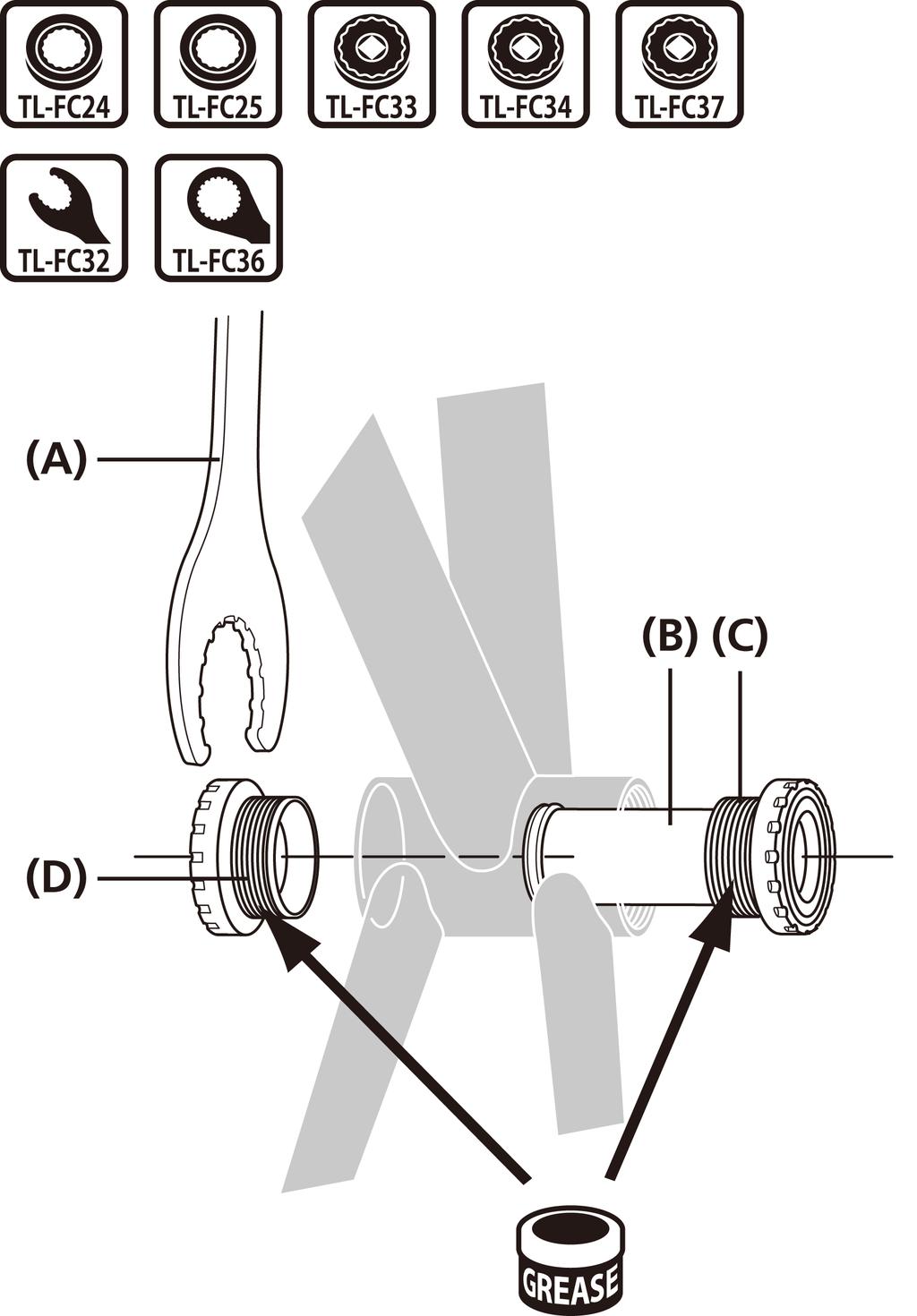 INSTALLAZIONE (CORONA) INSTALLAZIONE (CORONA) Per MTB / Trekking HOLLOWTECH II / Guarnitura in due pezzi Installazione della pedivella I distanziali variano a seconda della larghezza della scatola
