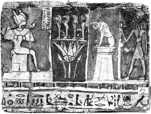 6 3. Frammento di tela stuccata (inv. Eg. 7), forse da un pettorale di mummia (cm 13 per 17,5); probabilmente anche il frammento inv. Eg. 8, che riproduce un genio infero (anepigrafe), proviene dallo stesso originale.