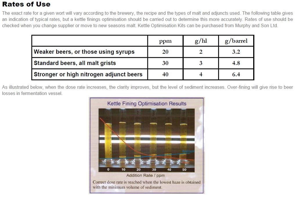 * 1 barrel britannico = 164 l Come illustrato sotto, all aumentare del dosaggio migliora la limpidezza, ma aumenta anche il livello del sedimento.