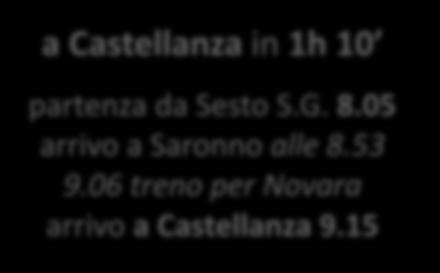 15 a Varese Nord in 1h 34 partenza da Sesto S.G. 9.05 arrivo a Saronno alle 9.53 9.58 treno per Varese Nord arrivo a Varese 10.39 a Seveso in 45 partenza da Sesto S.G. 8.