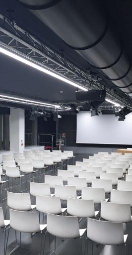 Camerini Impianto audio Impianto video Impianto luci 8x5 m screen 3x9 m stage Modular speaker s table Lectern White chairs (up to 450) Control room and technical support Dressing rooms Audio