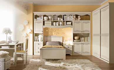 Composition with overhead bookcase with doors and drawers, sliding door wardrobe, 90 cm Patty bed, nightstand, desk and chair.