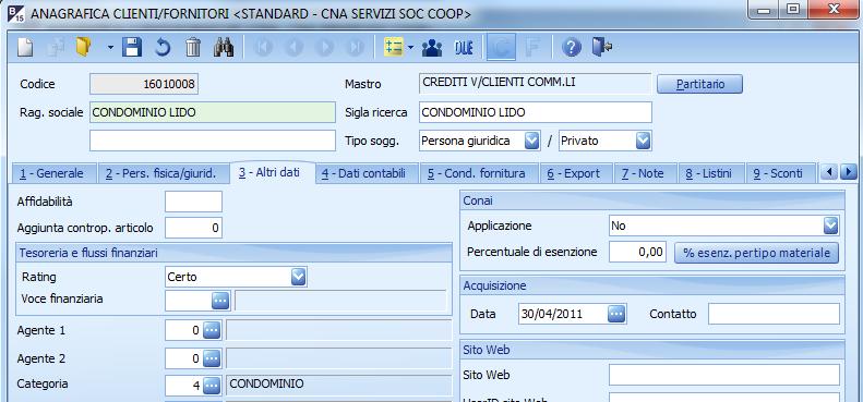 Modificare l anagrafica dei clienti/condomini, indicando il codice categoria apposito. 1 Tabelle e Archivi 1 Anagrafica Clienti/Forn.